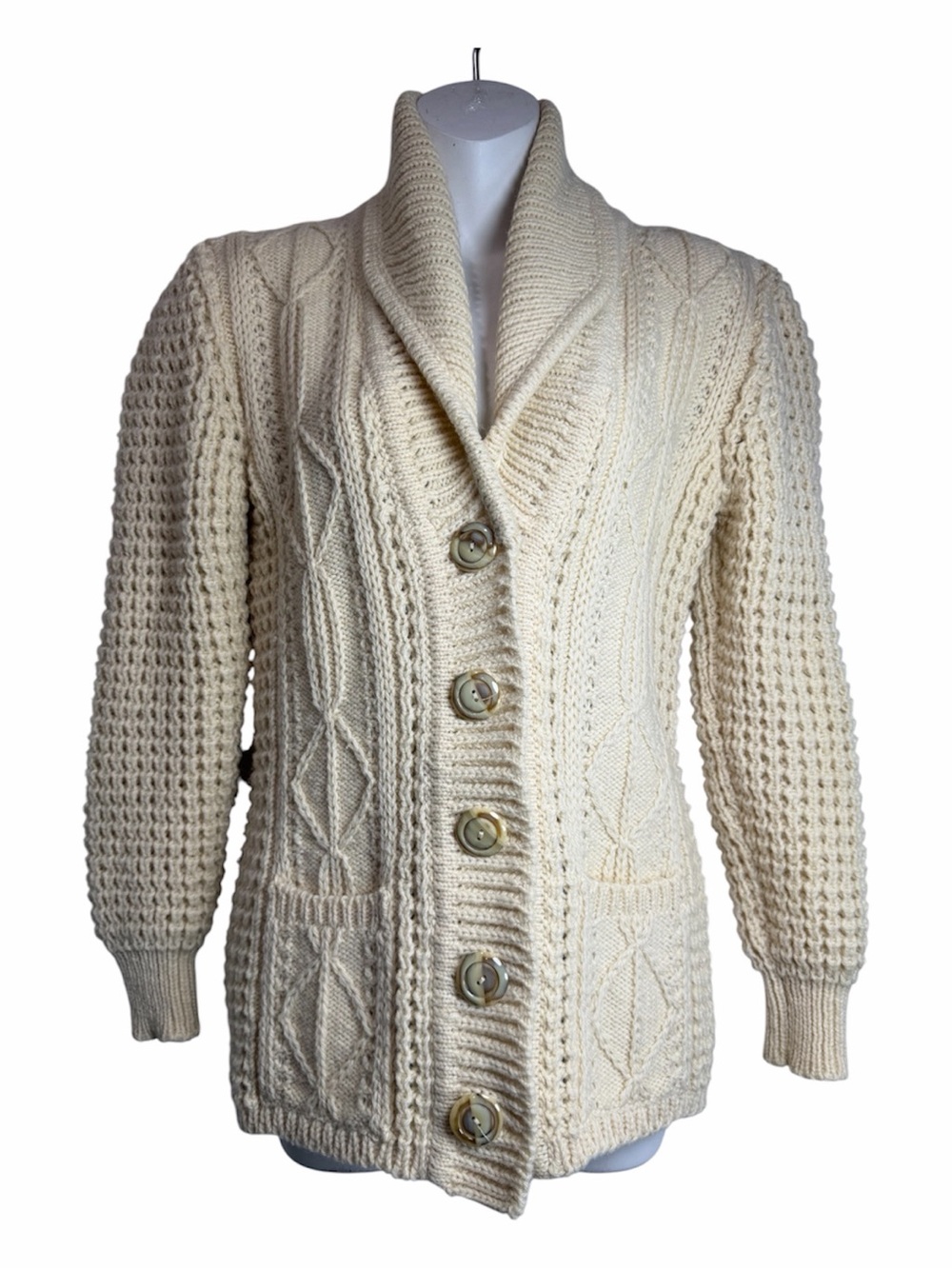 Harrods Vintage Fisherman Cardigan Sweater Pure Wool Cable Knit Cream XS Chunky